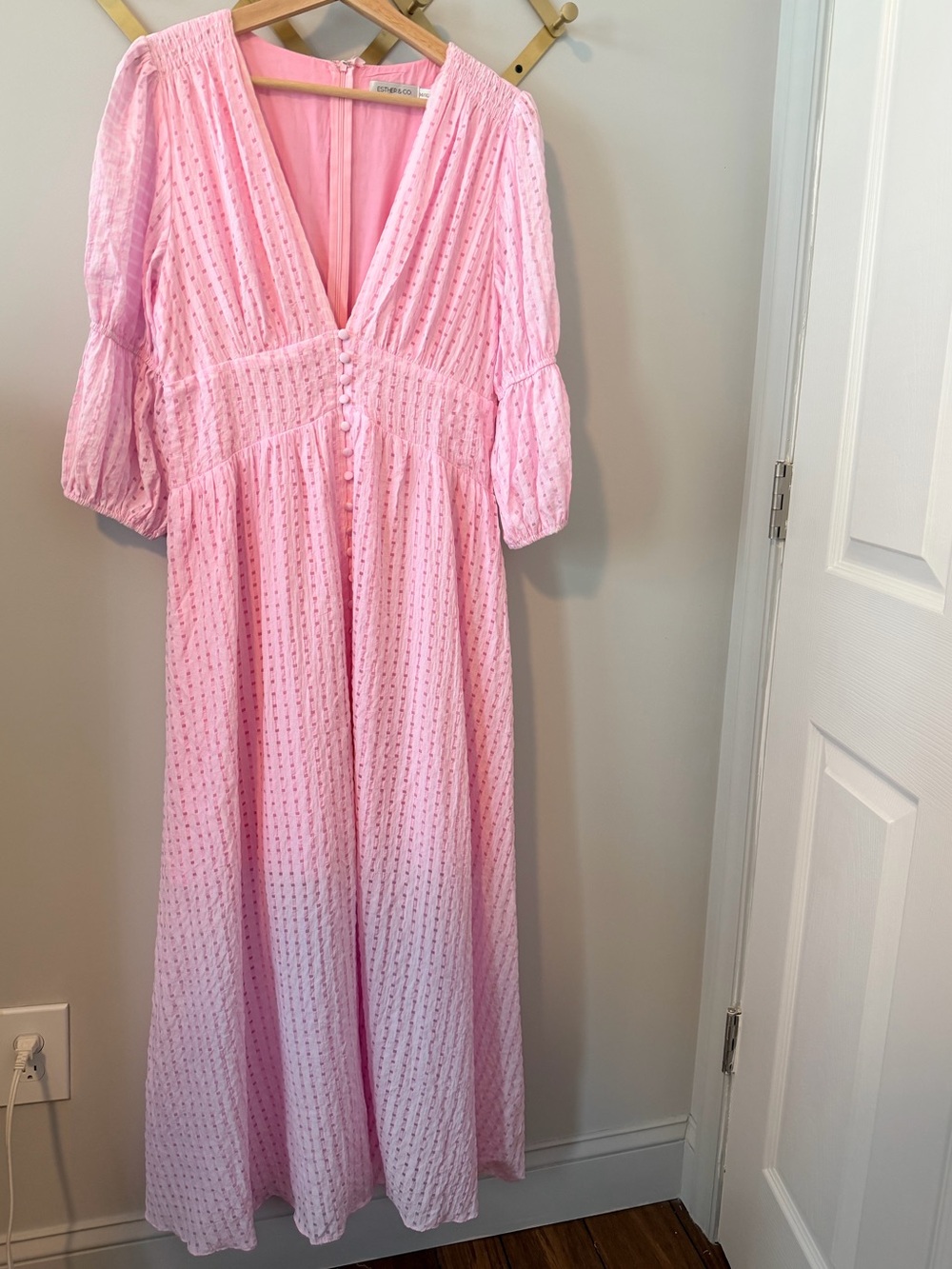 Esther & Co Pink Textured Maxi Dress V-Neck Puff Sleeve Button Front Sz 14 XL